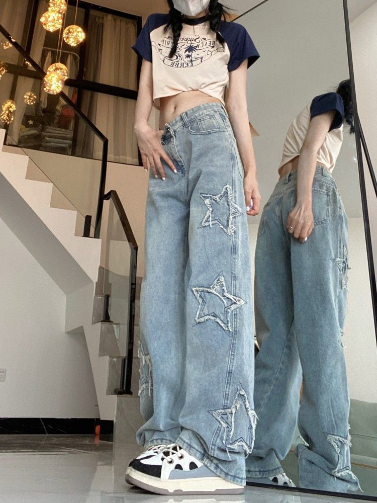 Baggy-Jeans mit Sternen-Design für Damen | Hohe Taille