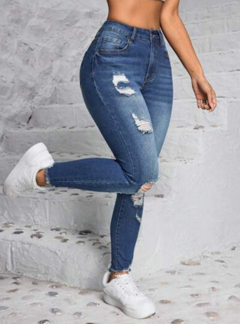 Blaue Zerschlissene Hose Für Damen | Lässig