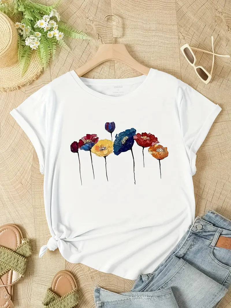 Weißes Damen T Shirt Mit Blumenmuster | Sommer