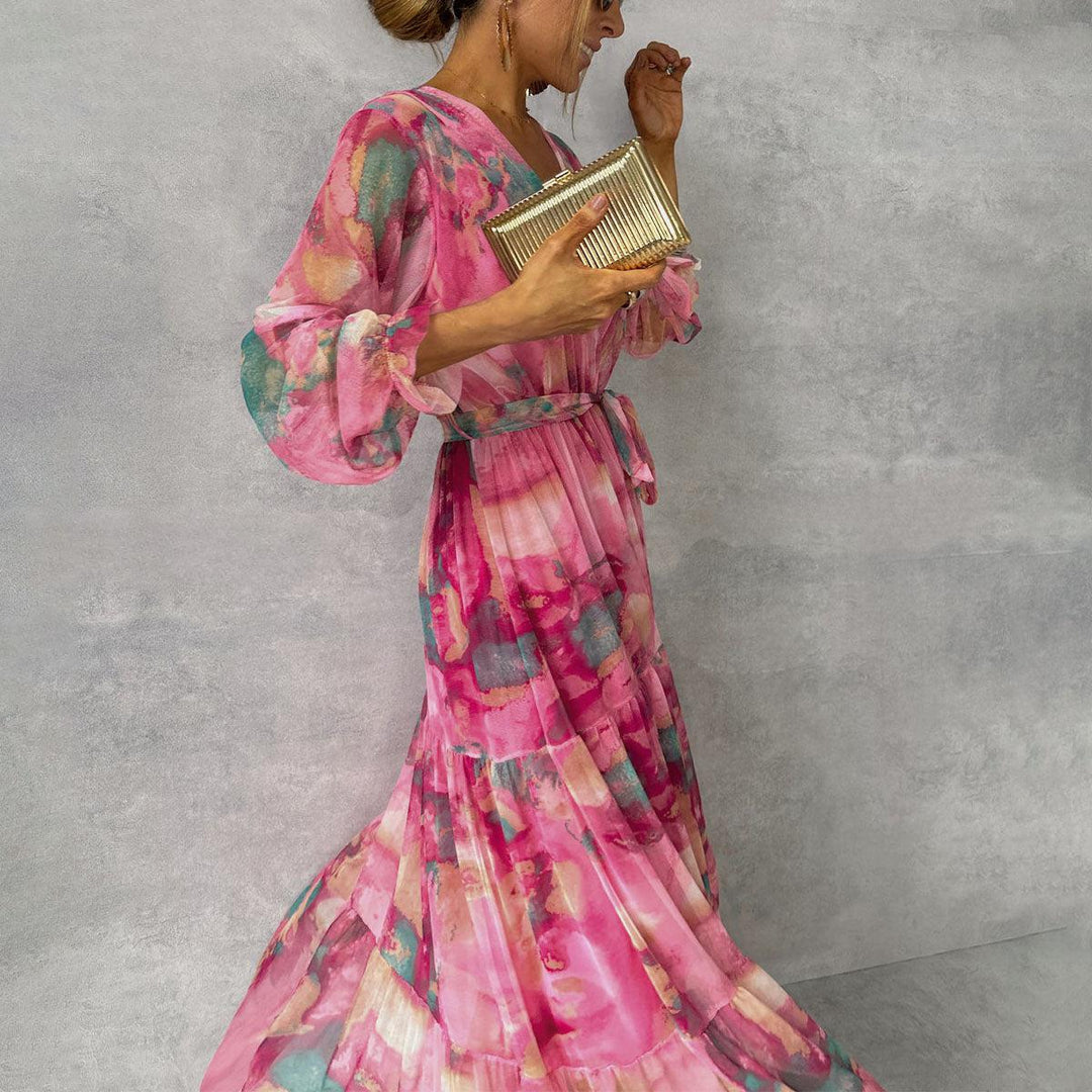 Damen Wickelkleid Mit Blumenmuster Und Langen Ärmeln | Maxi