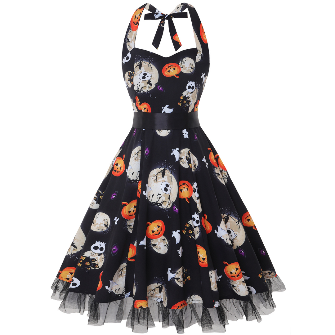 Kürbis Druck Lange Ärmel Halloween Kostum Kleid | Midi