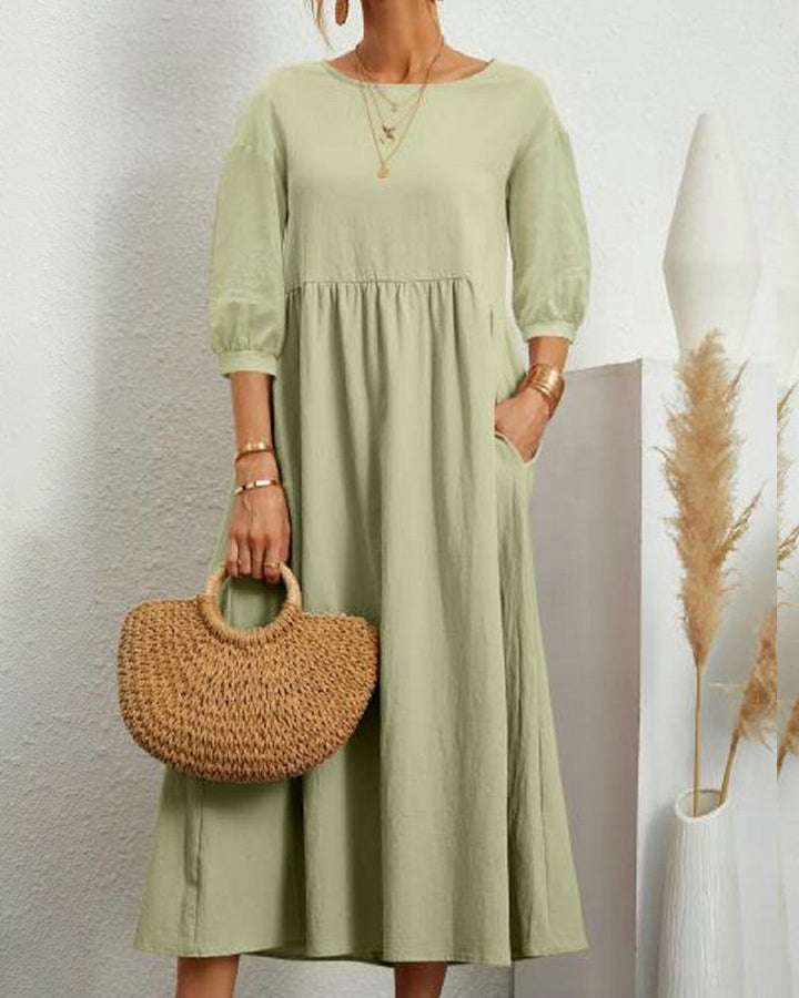 Damenkleid Mit 3/4 Ärmeln Und Rundhalsausschnitt | Midi