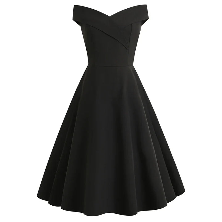 Damen Off-Shoulder Vintage A-Linien Kleid | Midi