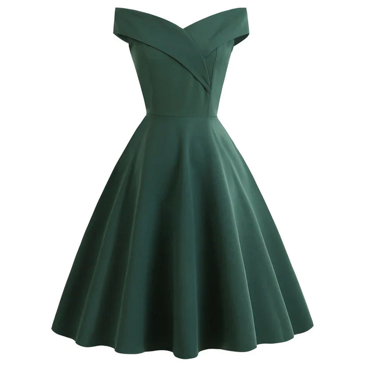 Damen Off-Shoulder Vintage A-Linien Kleid | Midi