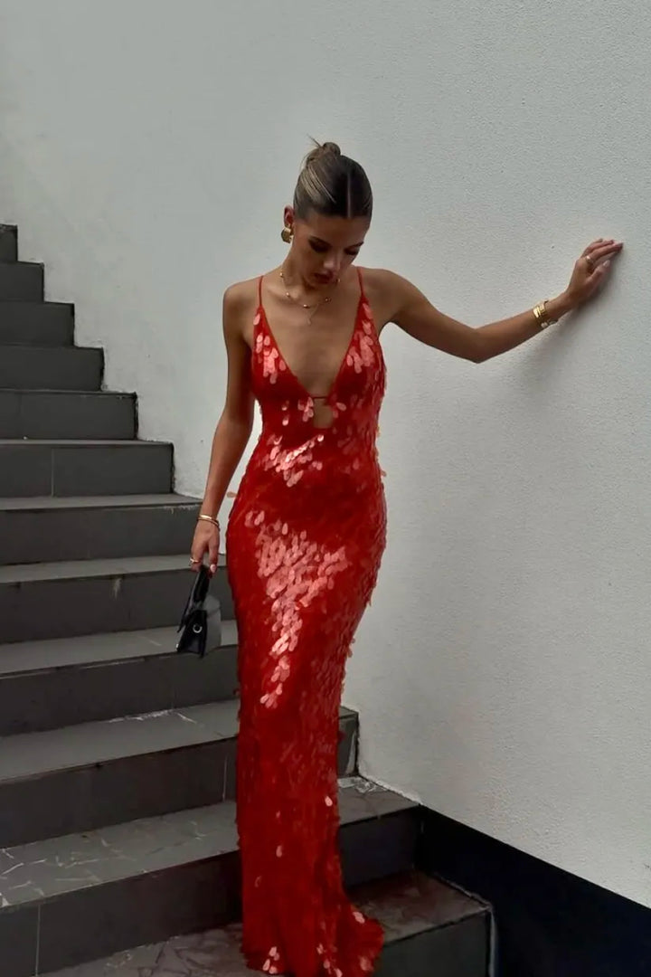 Damen Maxikleid Mit Pailletten Und V Ausschnitt Für Hochzeitsgäste