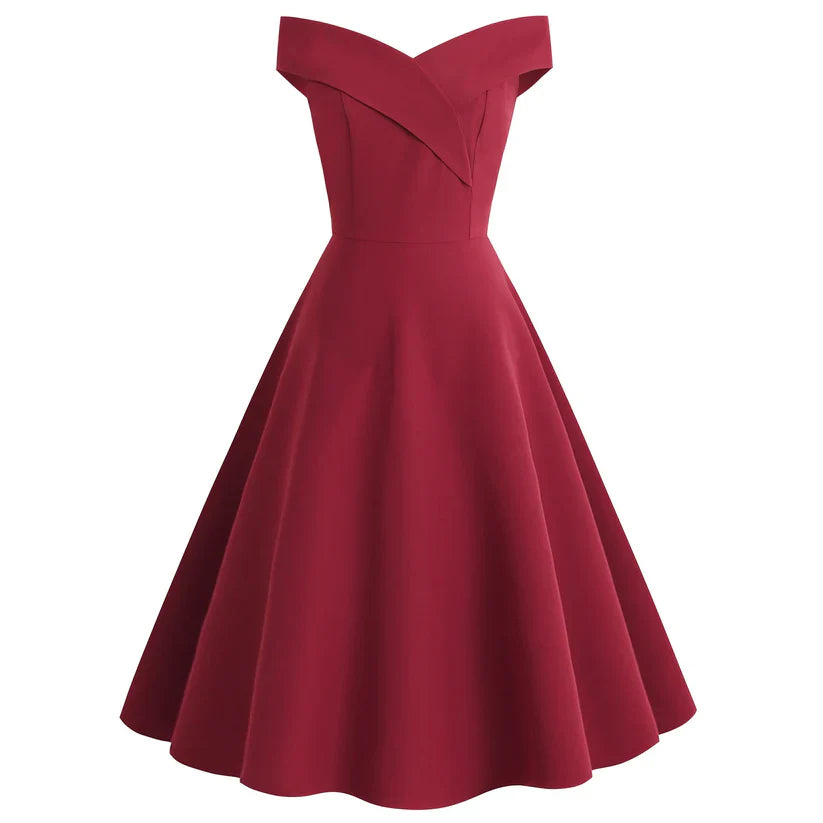 Damen Off-Shoulder Vintage A-Linien Kleid | Midi