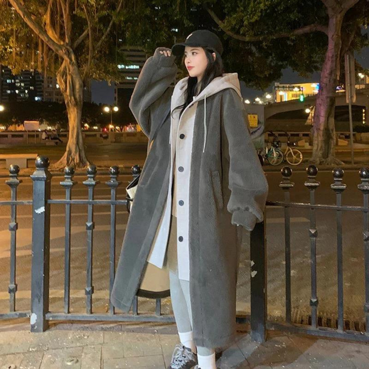 Damen Winter Lange Kapuzen Oversize Jacke | Button Down
