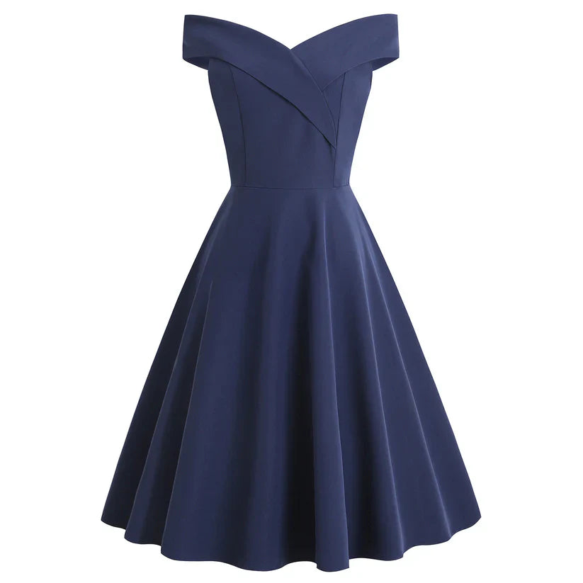 Damen Off-Shoulder Vintage A-Linien Kleid | Midi