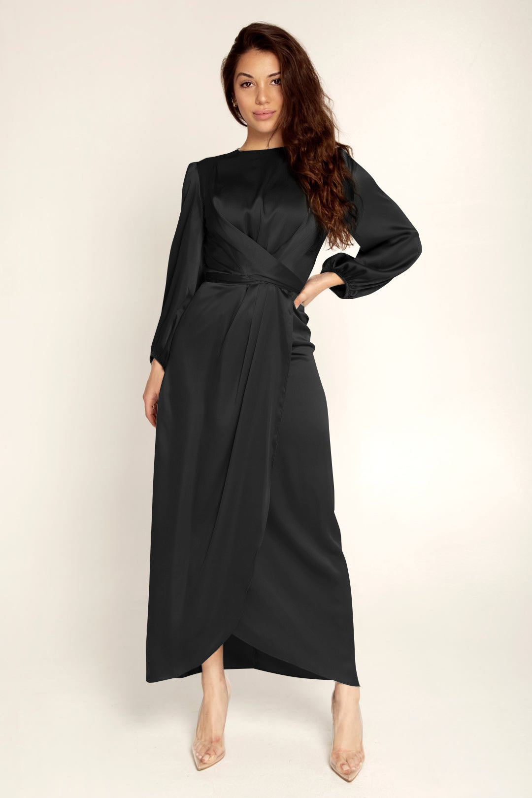 Elegantes Wickelkleid Mit Langen Ärmeln Für Damen | Maxi
