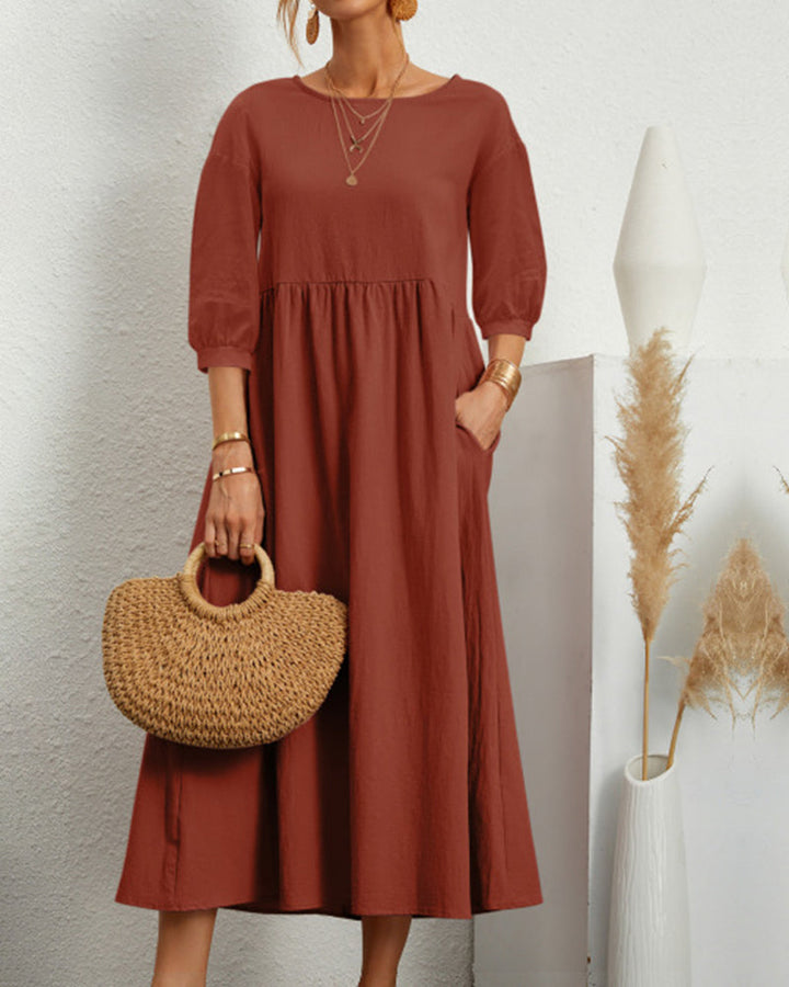 Damenkleid Mit 3/4 Ärmeln Und Rundhalsausschnitt | Midi