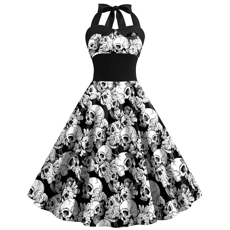 Halloween Kostüm Kleid mit Totenkopf Druck | Midi