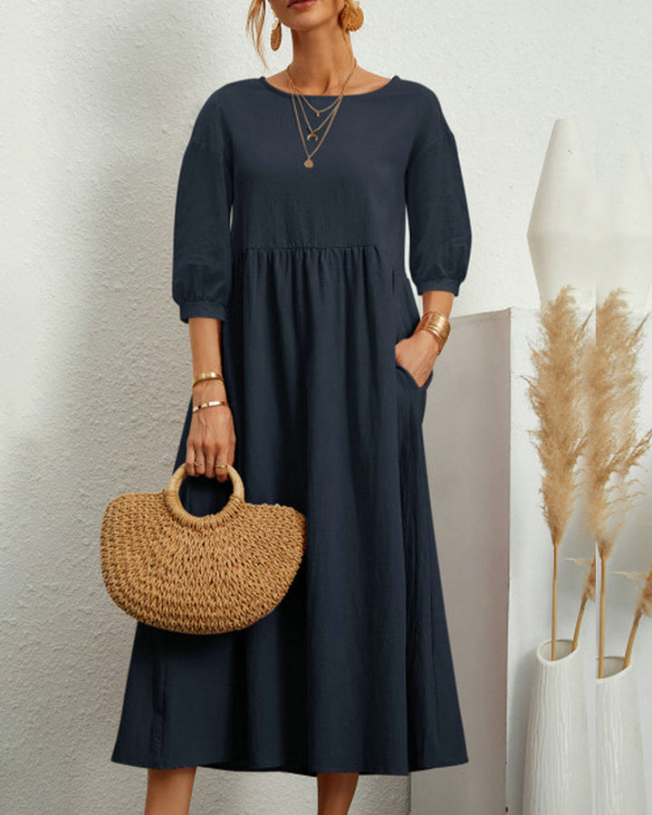 Damenkleid Mit 3/4 Ärmeln Und Rundhalsausschnitt | Midi