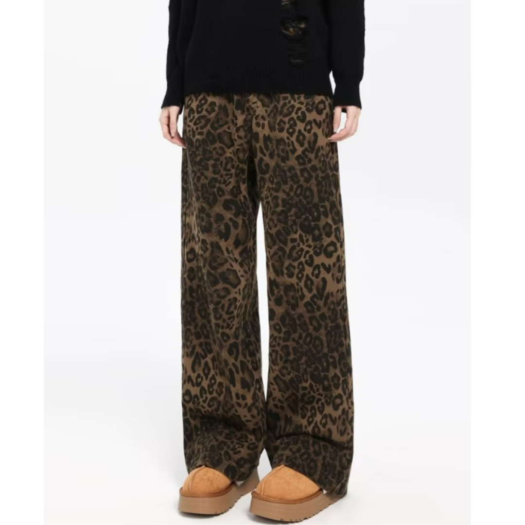 Effiemin | Damen Leopardenmuster Hose | Weites Bein