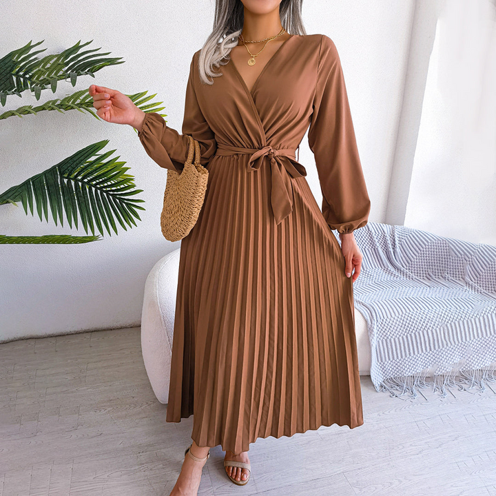 Leona | Damen Elegantes Langarm Falten Kleid | Maxi