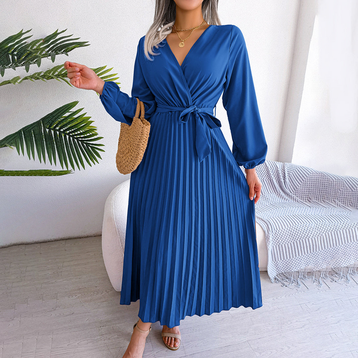 Leona | Damen Elegantes Langarm Falten Kleid | Maxi