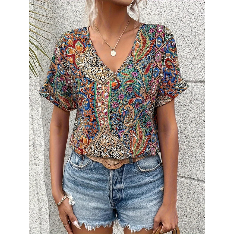 Mehrfarbige Bluse Mit V Ausschnitt Für Damen | Blumen