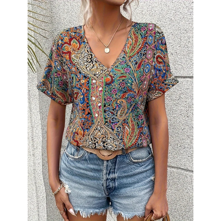 Mehrfarbige Bluse Mit V Ausschnitt Für Damen | Blumen