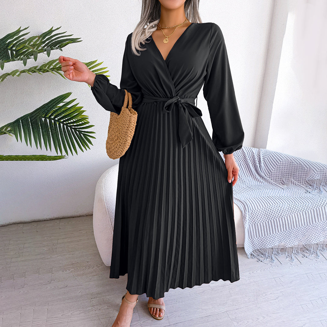 Leona | Damen Elegantes Langarm Falten Kleid | Maxi