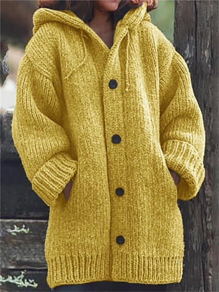 Lange Damen-Strickjacke mit Kapuze | Warme