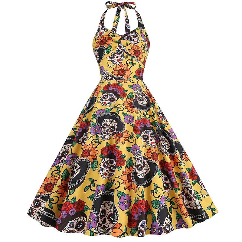 Halloween Kostüm Kleid mit Totenkopf Druck | Midi
