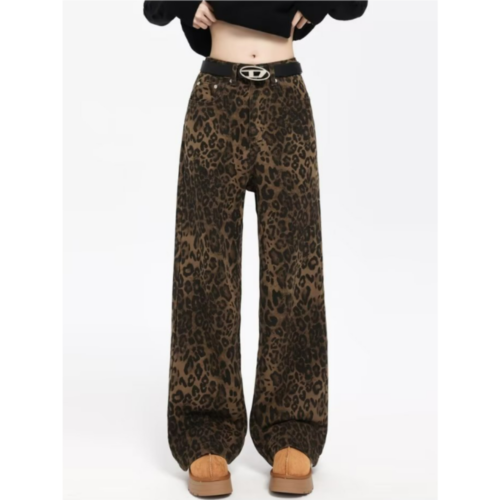Effiemin | Damen Leopardenmuster Hose | Weites Bein