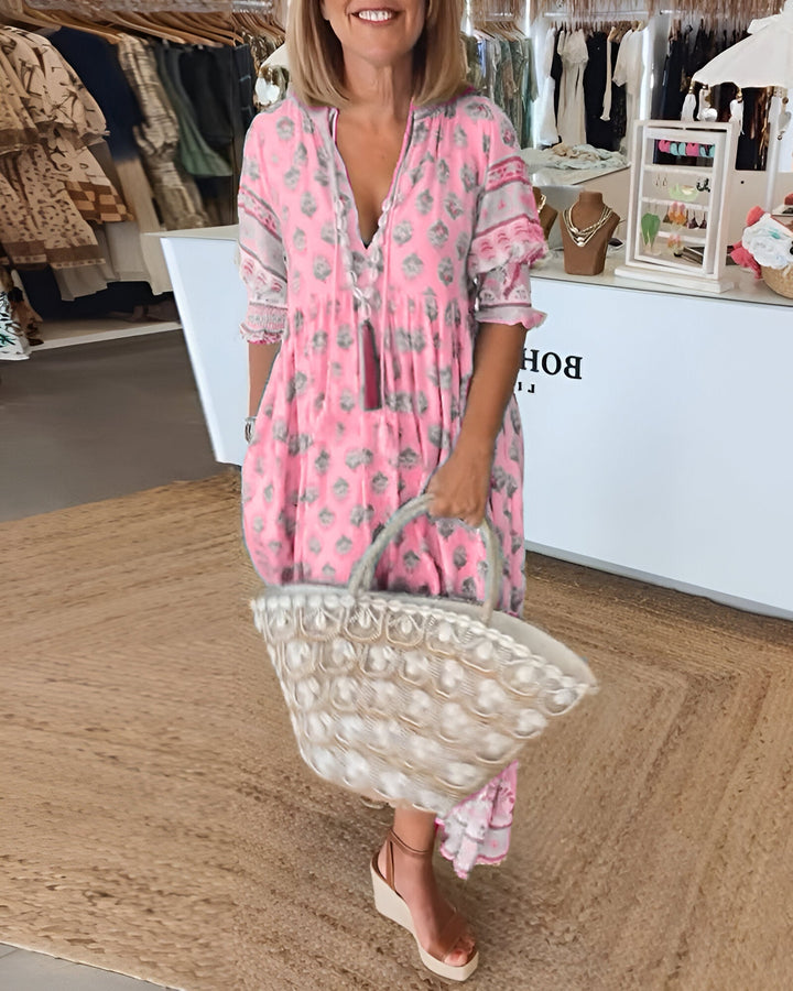 Damen V Ausschnitt Kleid Im Boho-stil Mit Blumenmuster | Maxi