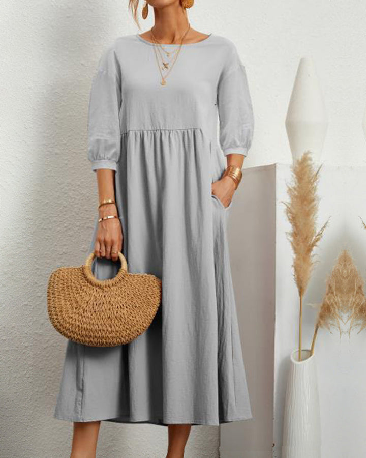 Damenkleid Mit 3/4 Ärmeln Und Rundhalsausschnitt | Midi