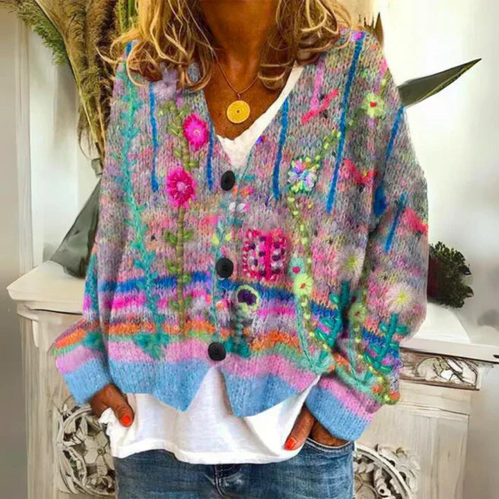 Angie | Damen Blumen Warme Strickjacke | Knopf Daunen