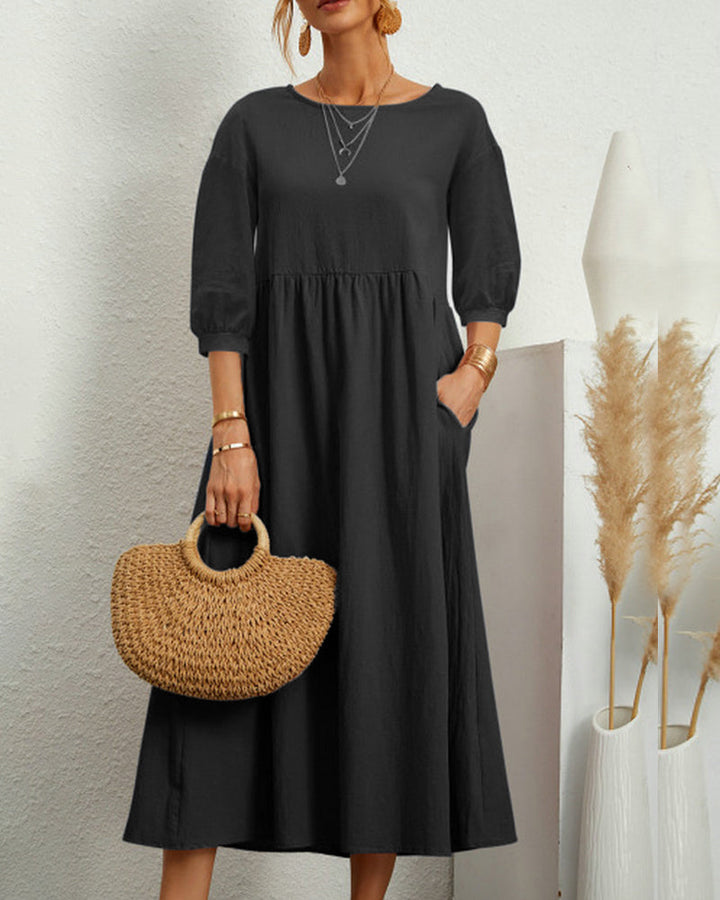 Damenkleid Mit 3/4 Ärmeln Und Rundhalsausschnitt | Midi