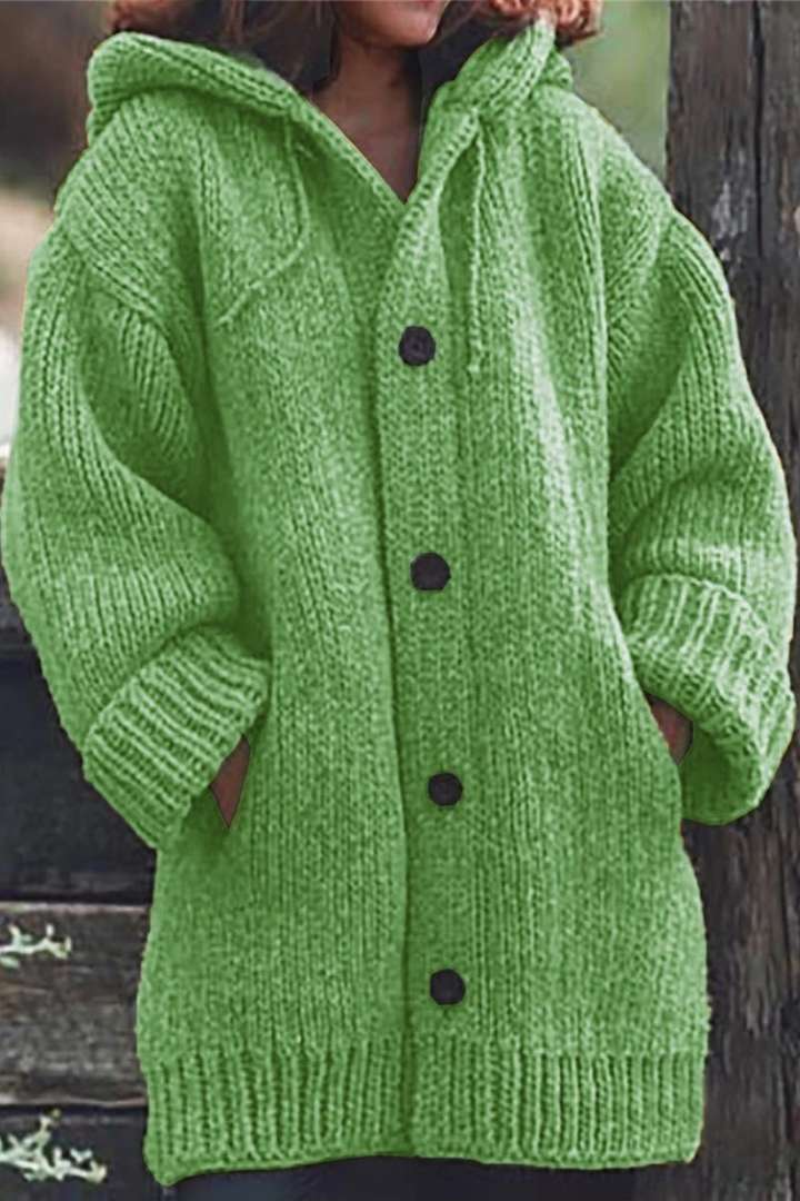 Lange Damen-Strickjacke mit Kapuze | Warme