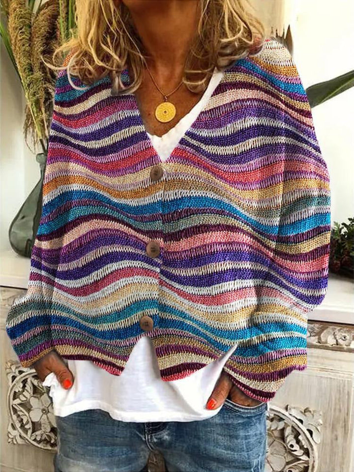 Mehrfarbiger Strickjacke mit Knopfleiste Für Damen | Warm