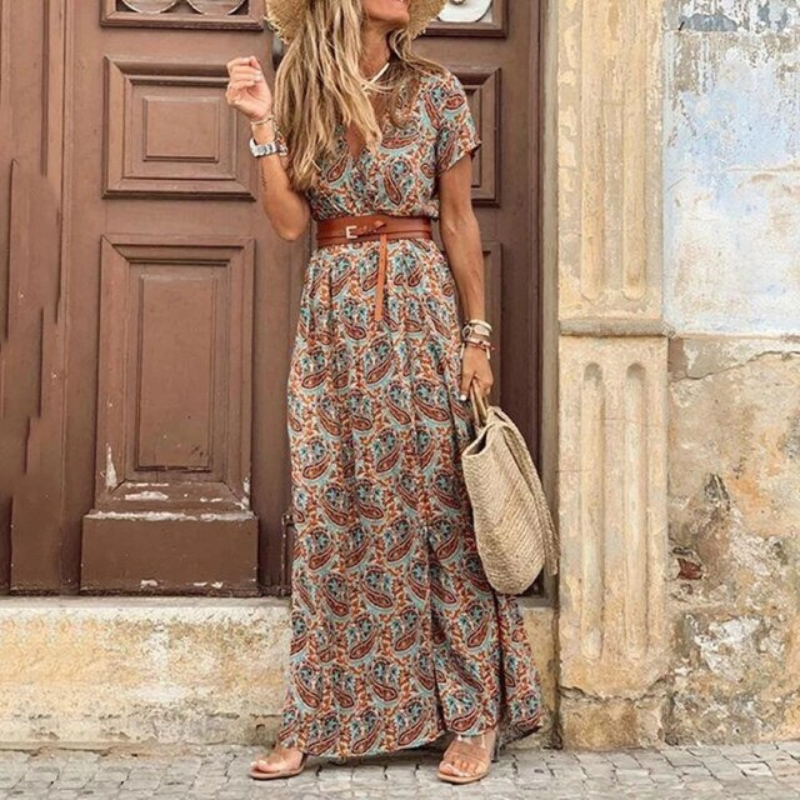 Damen Kleid Mit V Ausschnitt Und Kurzen Ärmeln | Maxi