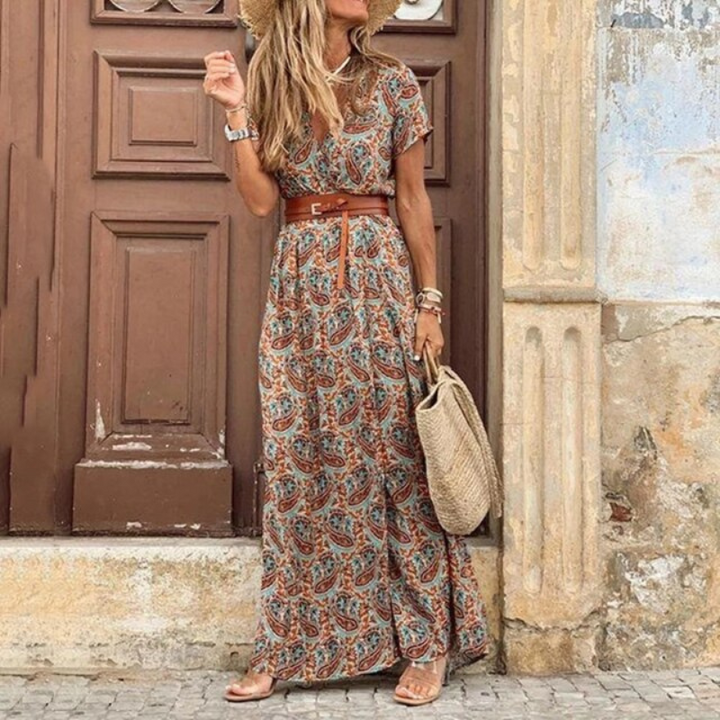 Damen Kleid Mit V Ausschnitt Und Kurzen Ärmeln | Maxi
