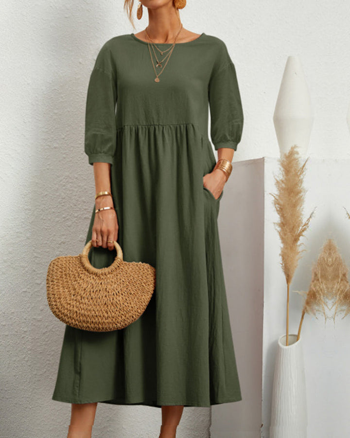 Damenkleid Mit 3/4 Ärmeln Und Rundhalsausschnitt | Midi