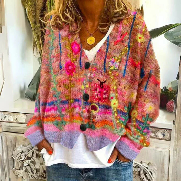 Angie | Damen Blumen Warme Strickjacke | Knopf Daunen