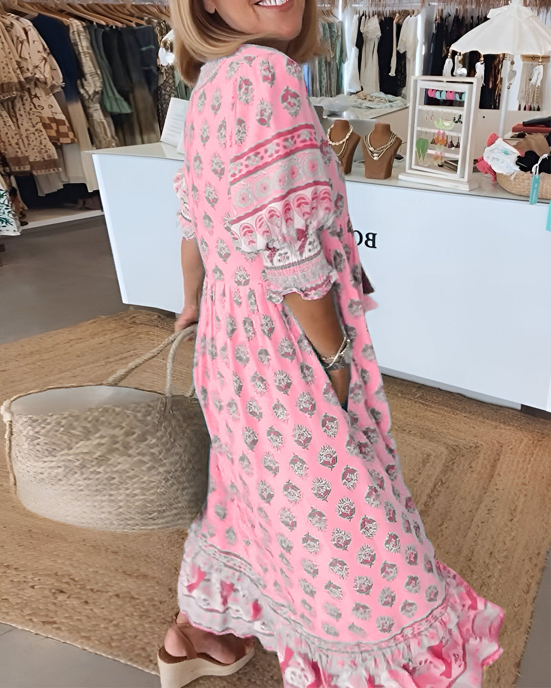 Damen V Ausschnitt Kleid Im Boho-stil Mit Blumenmuster | Maxi