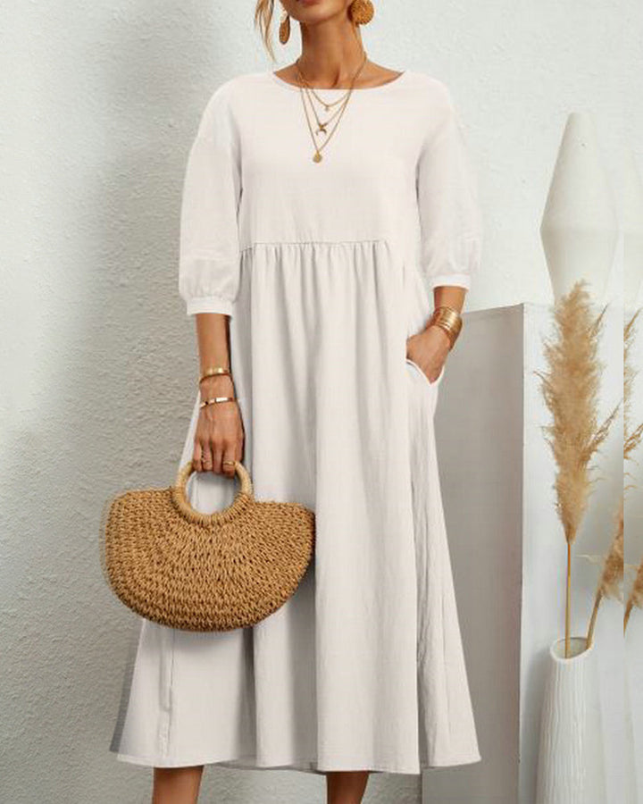 Damenkleid Mit 3/4 Ärmeln Und Rundhalsausschnitt | Midi