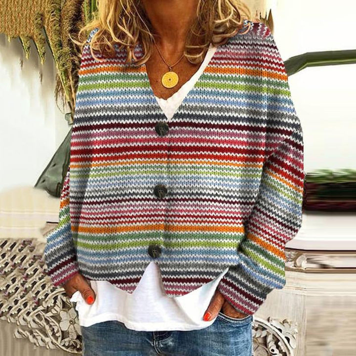 Mehrfarbiger Strickjacke mit Knopfleiste Für Damen | Warm