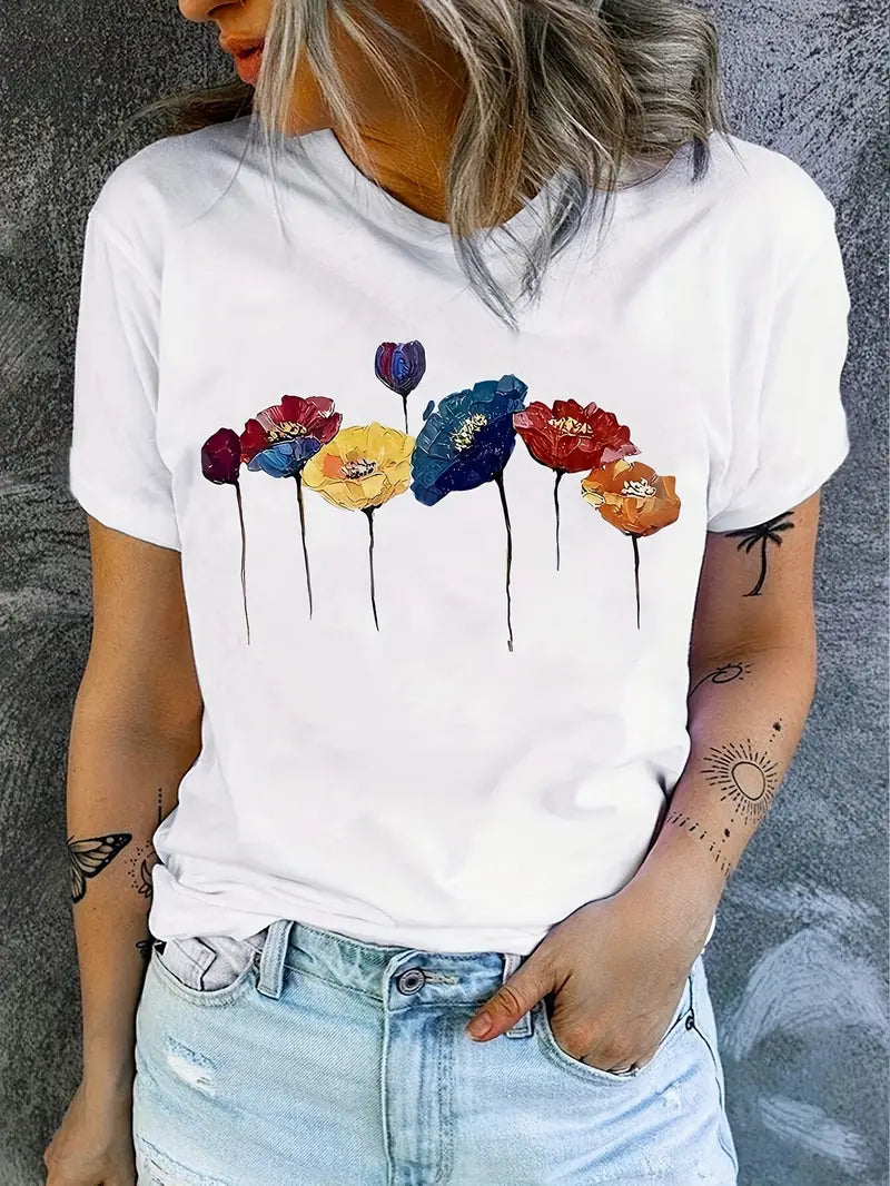 Weißes Damen T Shirt Mit Blumenmuster | Sommer