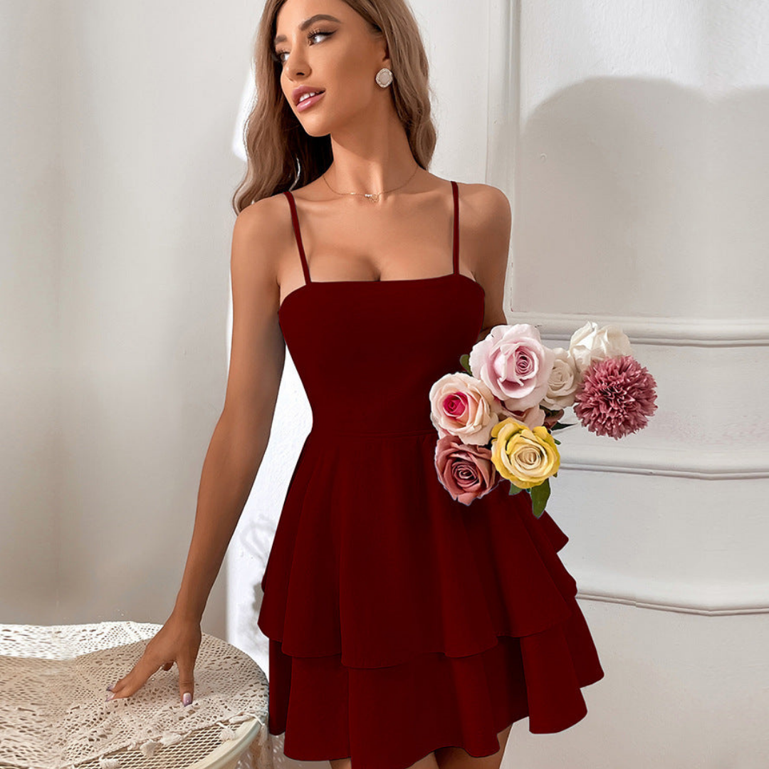 Damen Elegantes Geschichtetes Spaghettiträger Kleid | Mini
