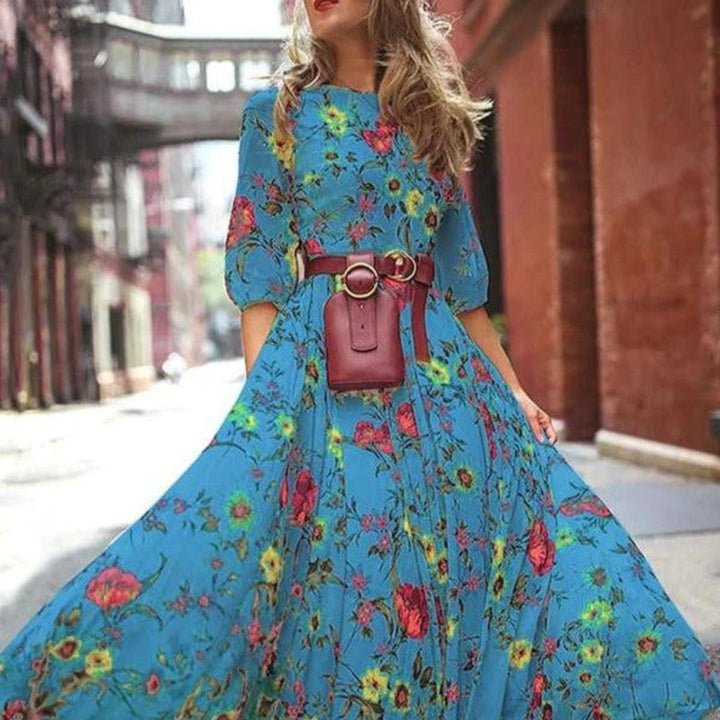Elegantes Kleid Mit 3/4 Ärmeln Und Gürtel Für Damen | Maxi