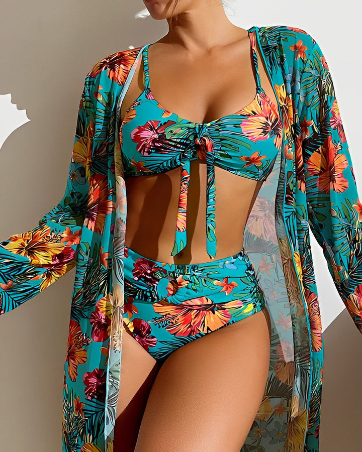 Dreiteiliges Bikini Set für Damen | Blumendruck