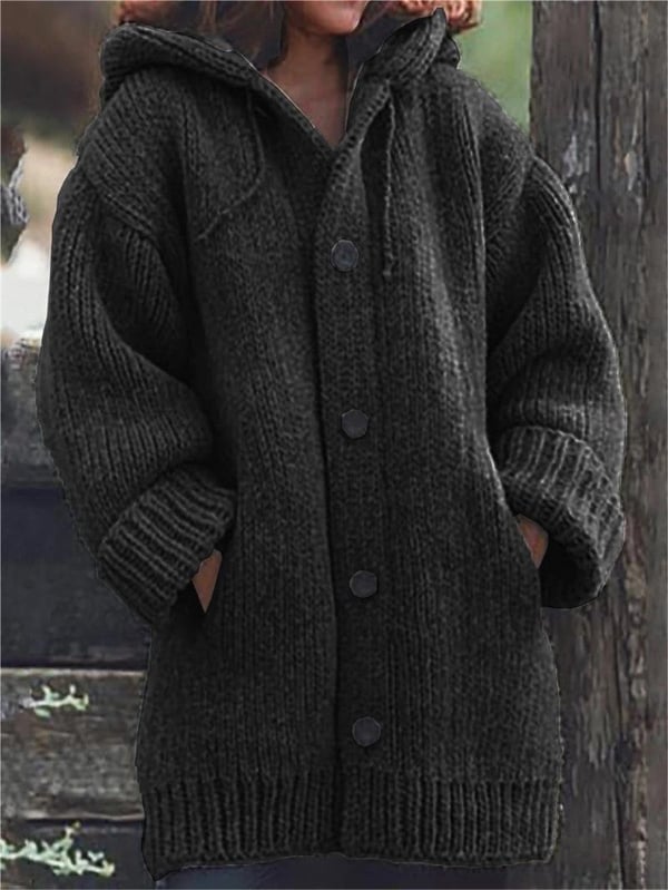 Lange Damen-Strickjacke mit Kapuze | Warme