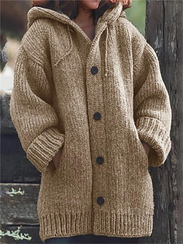 Lange Damen-Strickjacke mit Kapuze | Warme