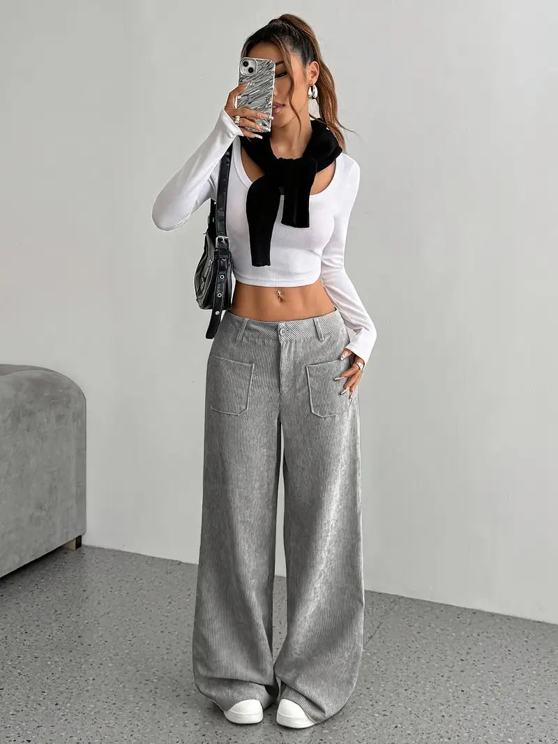 Damen Hoch Tailliert Cordhose | Weitem Bein