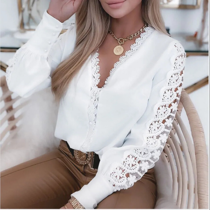 Langärmeliges Damen Spitzenbluse | Weiß