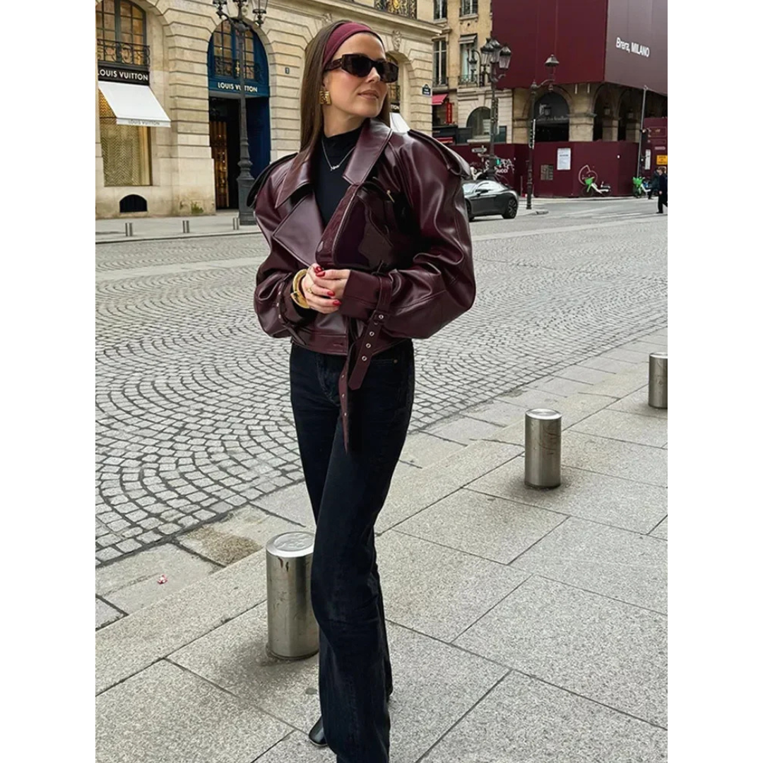 Damen Oversized Statement Cropped Jacke | Gürtel Design
