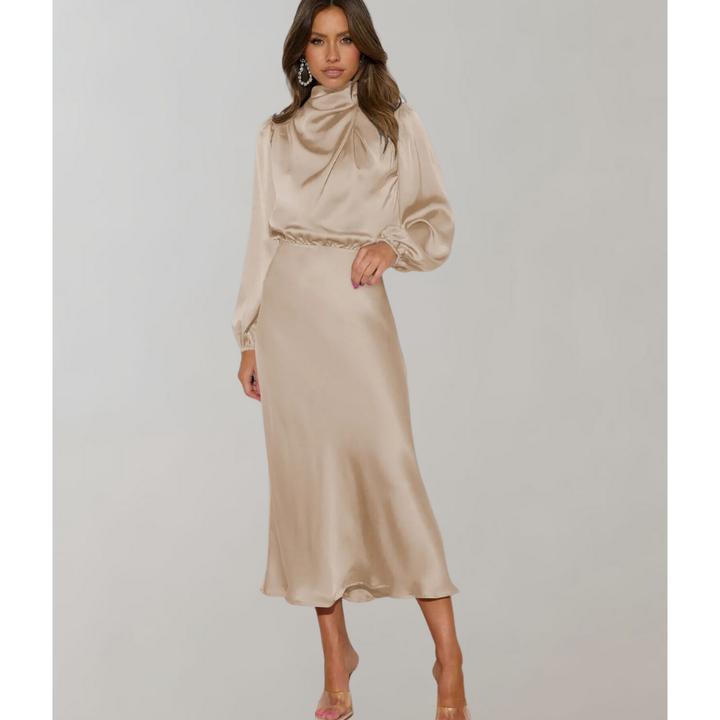Damen Stylisches High Neck Elegantes Langarm Kleid | Midi