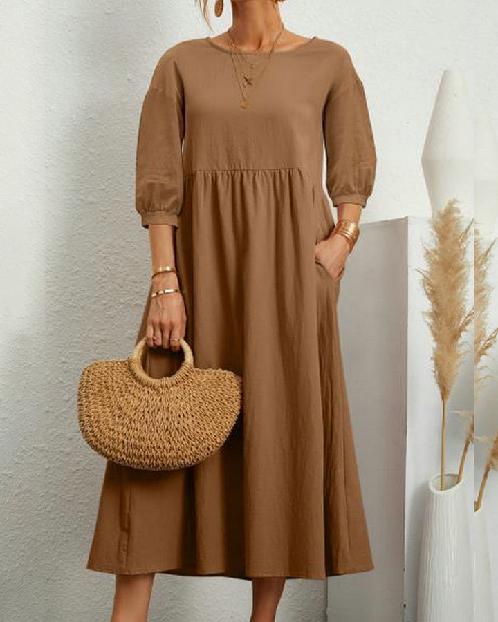 Damenkleid Mit 3/4 Ärmeln Und Rundhalsausschnitt | Midi