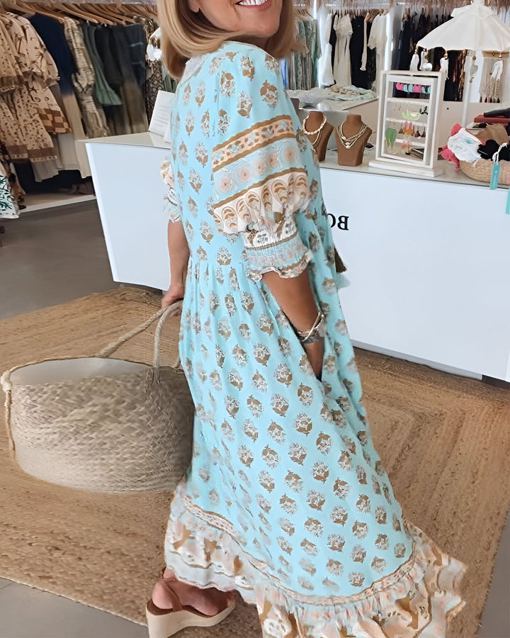 Damen V Ausschnitt Kleid Im Boho-stil Mit Blumenmuster | Maxi